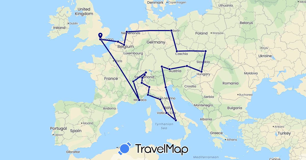 TravelMap itinerary: driving in Austria, Belgium, Switzerland, Czech Republic, Germany, United Kingdom, Hungary, Italy, Netherlands, Poland (Europe)